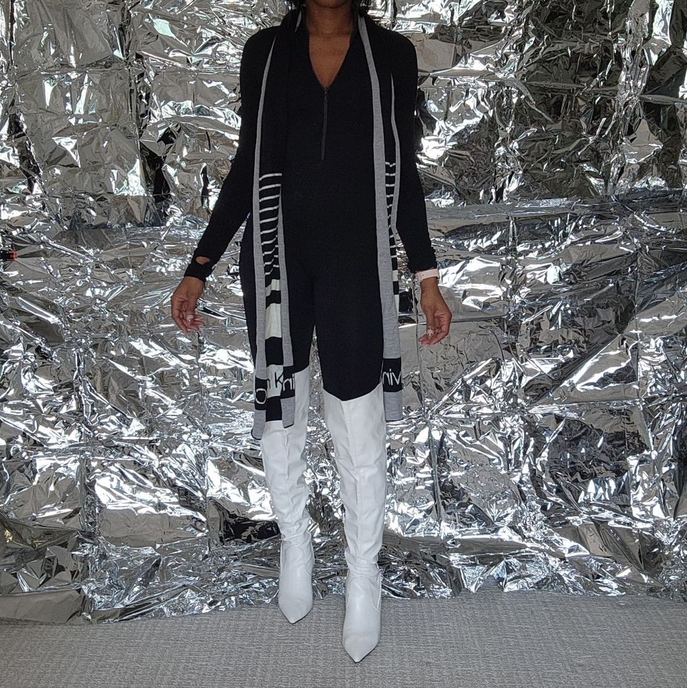Calvin Klein Striped Knit Scarf — Black, Gray & White - Picture 5 of 10